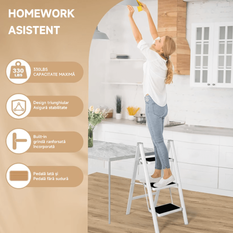 Casa si Gradina - Constructii - Scari si accesorii interioare - Scari aluminiu/ otel - Scara pliabila, cu 3 trepte late, suport triunghiular, maxim 150 kg, antiderapant, Alb/Negru, 36x60x78.5CM - Infinity.ro