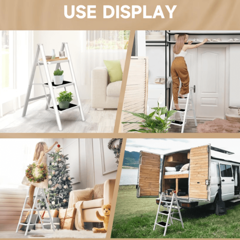 Casa si Gradina - Constructii - Scari si accesorii interioare - Scari aluminiu/ otel - Scara pliabila, cu 3 trepte late, suport triunghiular, maxim 150 kg, antiderapant, Alb/Negru, 36x60x78.5CM - Infinity.ro