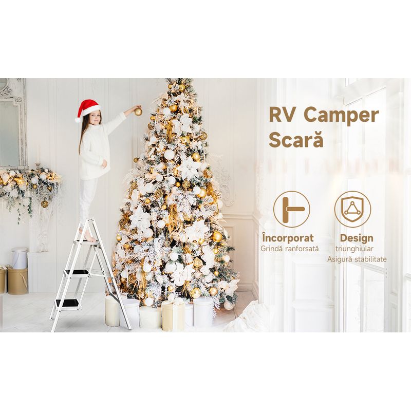 Casa si Gradina - Constructii - Scari si accesorii interioare - Scari aluminiu/ otel - Scara pliabila, cu 3 trepte late, suport triunghiular, maxim 150 kg, antiderapant, Alb/Negru, 36x60x78.5CM - Infinity.ro