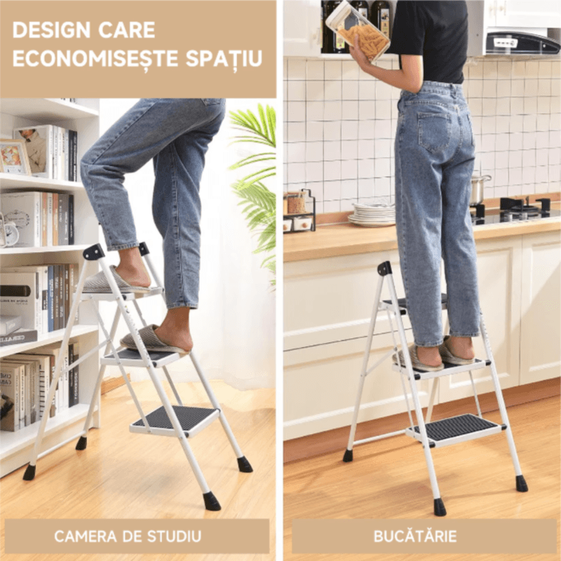 Casa si Gradina - Constructii - Scari si accesorii interioare - Scari aluminiu/ otel - Scara pliabila, cu 3 trepte late, suport triunghiular, maxim 150 kg, antiderapant, Alb/Negru, 36x60x78.5CM - Infinity.ro