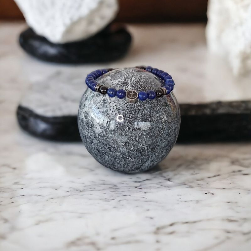 Fashion, accesorii si bijuterii - Barbati - Bijuterii barbati - Bratari barbati - Bratara barbati snur Ambar din pietre de Lapis lazuli si accesorii din inox - Infinity.ro
