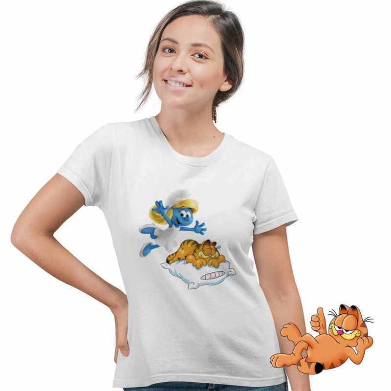 Fashion, accesorii si bijuterii - Femei - Imbracaminte femei - Tricouri si topuri femei - Tricou Femei Garfield Strumfita Strumfii Motan, alb, marime M - Infinity.ro