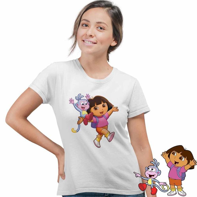 Fashion, accesorii si bijuterii - Femei - Imbracaminte femei - Tricouri si topuri femei - Tricou Femei Dora Explorer Maimuta Aventuri, alb, marime S - Infinity.ro