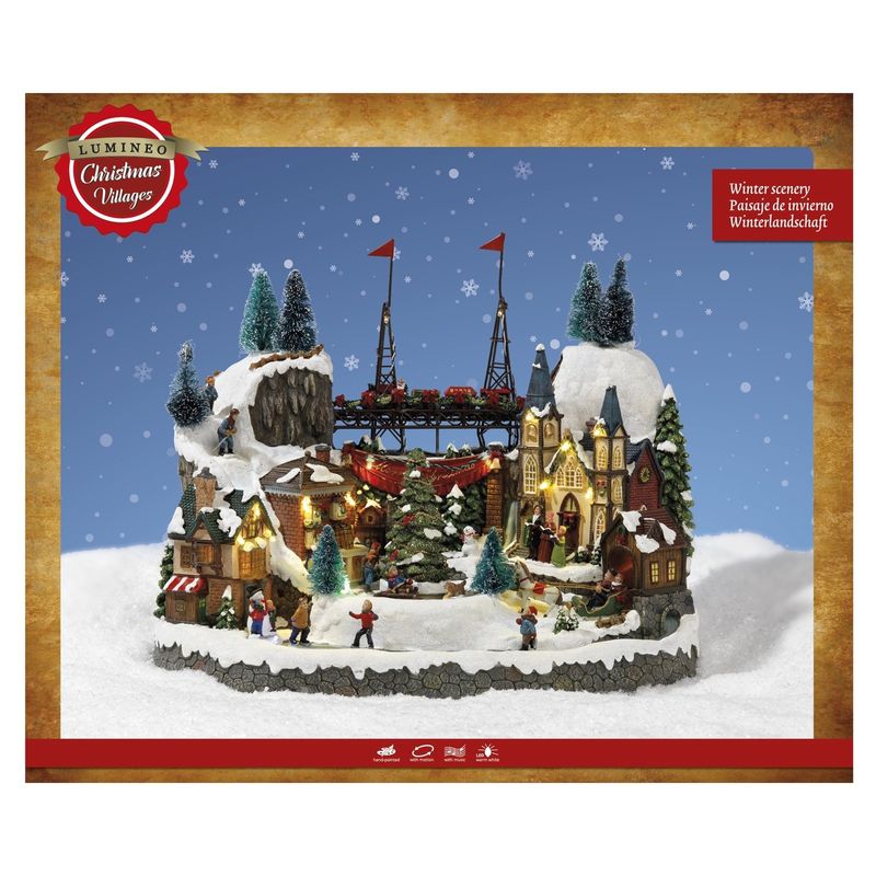 Casa si Gradina - Decoratiuni - Decoratiuni de sezon - Decoratiune Sat de Craciun cu patinoar, tren in miscare si lumini, 25.5x39x31.5 cm, multicolor - Infinity.ro