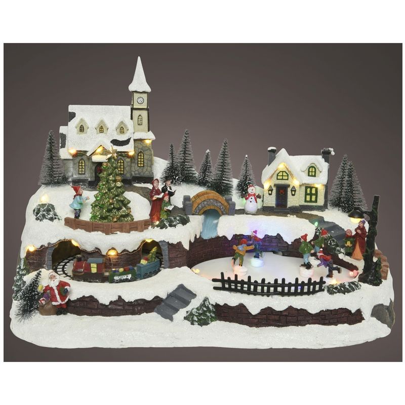 Casa si Gradina - Decoratiuni - Decoratiuni de sezon - Decoratiune Sat de Craciun animat cu lumini, patinoar si tren rotativ, 25.5x41x25.5 cm, multicolor - Infinity.ro