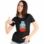 Fashion, accesorii si bijuterii - Femei - Imbracaminte femei - Tricouri si topuri femei - Tricou Femei Labubu Strawberry Capsuna, negru, marime M - Infinity.ro