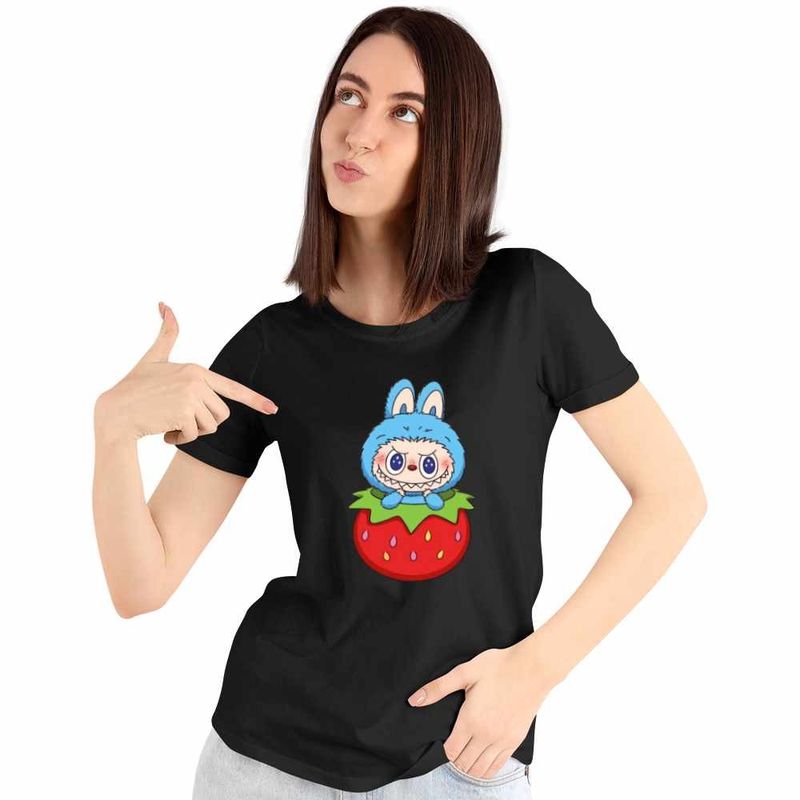 Fashion, accesorii si bijuterii - Femei - Imbracaminte femei - Tricouri si topuri femei - Tricou Femei Labubu Strawberry Capsuna, negru, marime M - Infinity.ro