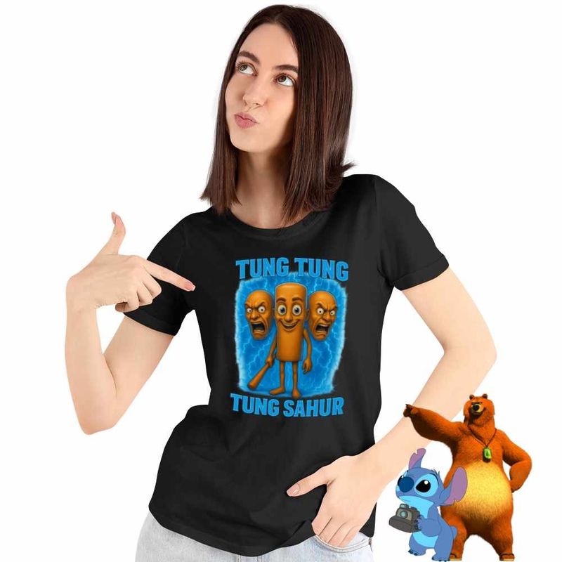 Fashion, accesorii si bijuterii - Femei - Imbracaminte femei - Tricouri si topuri femei - Tricou Femei Tung Tung Tung Sahur Brainrot Meme, negru, marime L - Infinity.ro