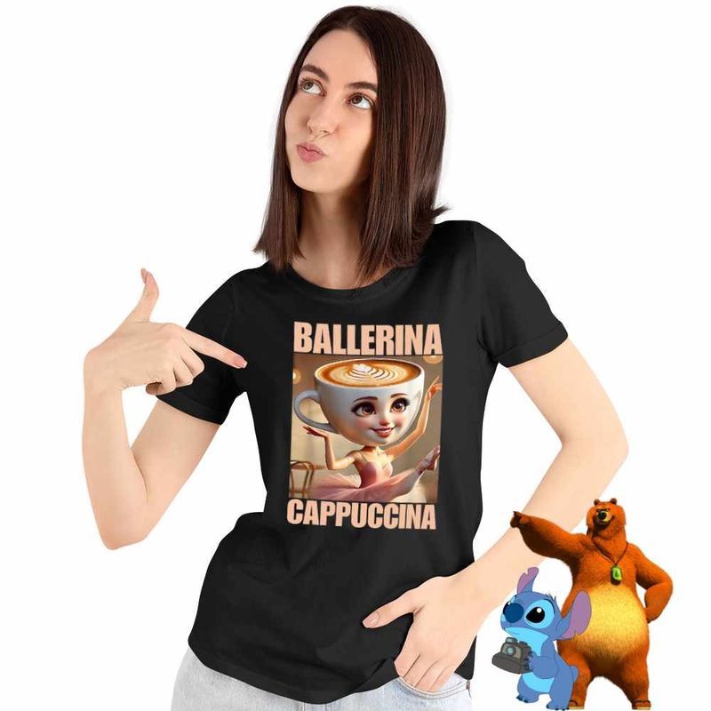 Fashion, accesorii si bijuterii - Femei - Imbracaminte femei - Tricouri si topuri femei - Tricou Femei Ballerina Cappuccina Italian Meme Brainrot Brain Rot, negru, marime 3XL - Infinity.ro