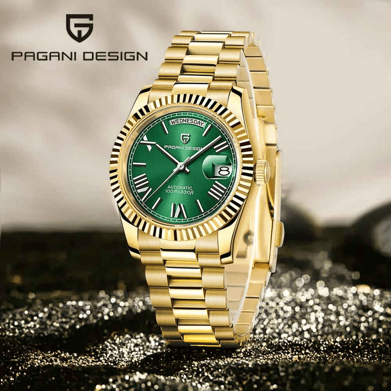 Fashion, accesorii si bijuterii - Barbati - Bijuterii barbati - Ceasuri barbati - Ceas Automatic PAGANI DESIGN PD-1752 Gold Green Day-Date, Seagull ST16, Safir, 100M, 36mm - Infinity.ro