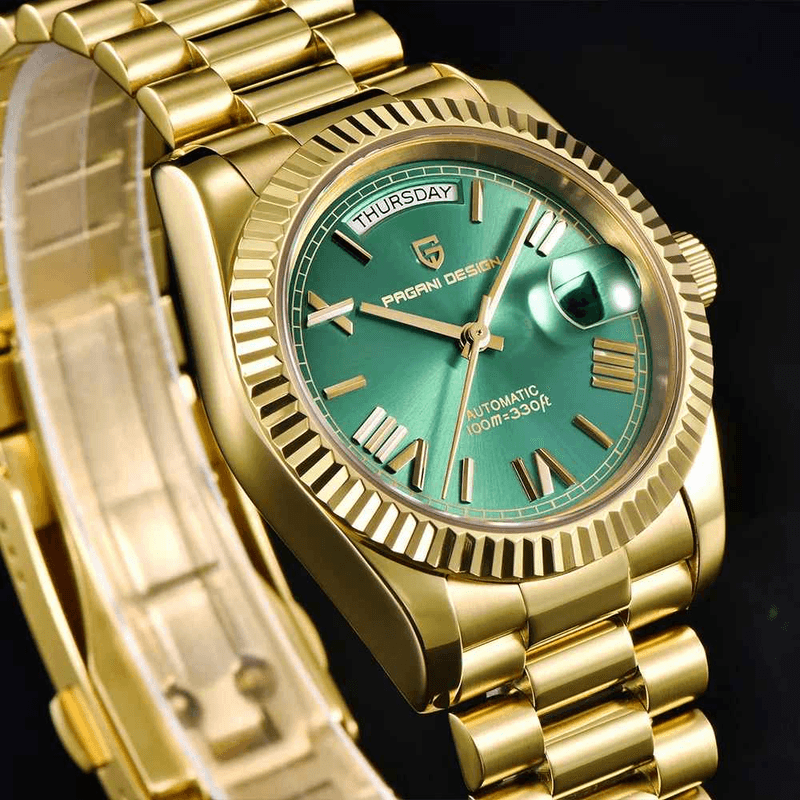 Fashion, accesorii si bijuterii - Barbati - Bijuterii barbati - Ceasuri barbati - Ceas Automatic PAGANI DESIGN PD-1752 Gold Green Day-Date, Seagull ST16, Safir, 100M, 36mm - Infinity.ro