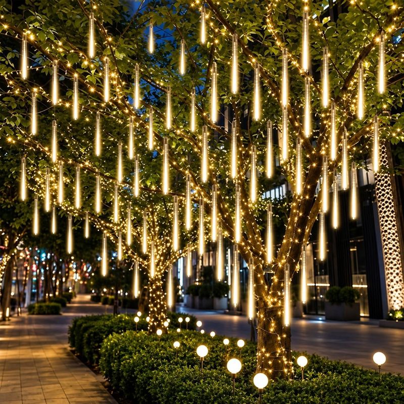 Casa si Gradina - Corpuri si surse de iluminat - Iluminat exterior - Instalatii luminoase exterior - Set 2 Instalatii Luminoase de Craciun, Model Ploaie de Meteori, 16 Turturi LED luminosi, Lungime 50cm, Alb cald - Infinity.ro