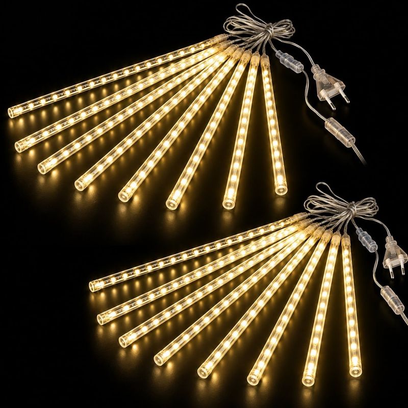 Casa si Gradina - Corpuri si surse de iluminat - Iluminat exterior - Instalatii luminoase exterior - Set 2 Instalatii Luminoase de Craciun, Model Ploaie de Meteori, 16 Turturi LED luminosi, Lungime 50cm, Alb cald - Infinity.ro