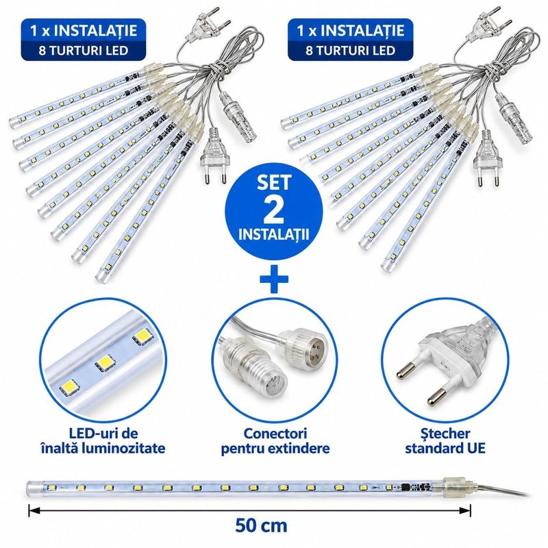 Casa si Gradina - Corpuri si surse de iluminat - Iluminat exterior - Instalatii luminoase exterior - Set 2 Instalatii Luminoase de Craciun, Model Ploaie de Meteori, 16 Turturi LED luminosi, Lungime 50cm, Albastru - Infinity.ro