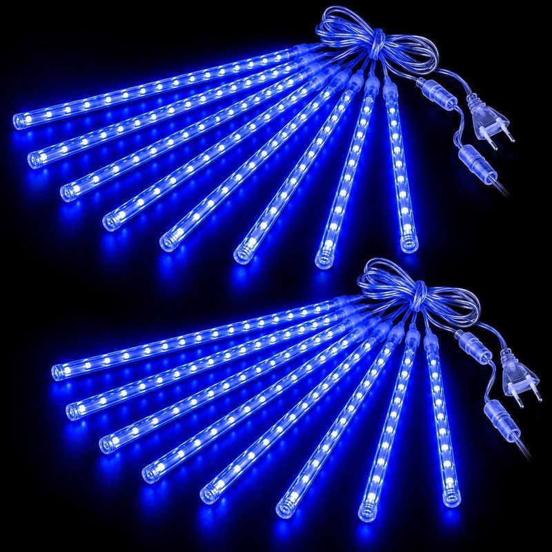 Casa si Gradina - Corpuri si surse de iluminat - Iluminat exterior - Instalatii luminoase exterior - Set 2 Instalatii Luminoase de Craciun, Model Ploaie de Meteori, 16 Turturi LED luminosi, Lungime 50cm, Albastru - Infinity.ro