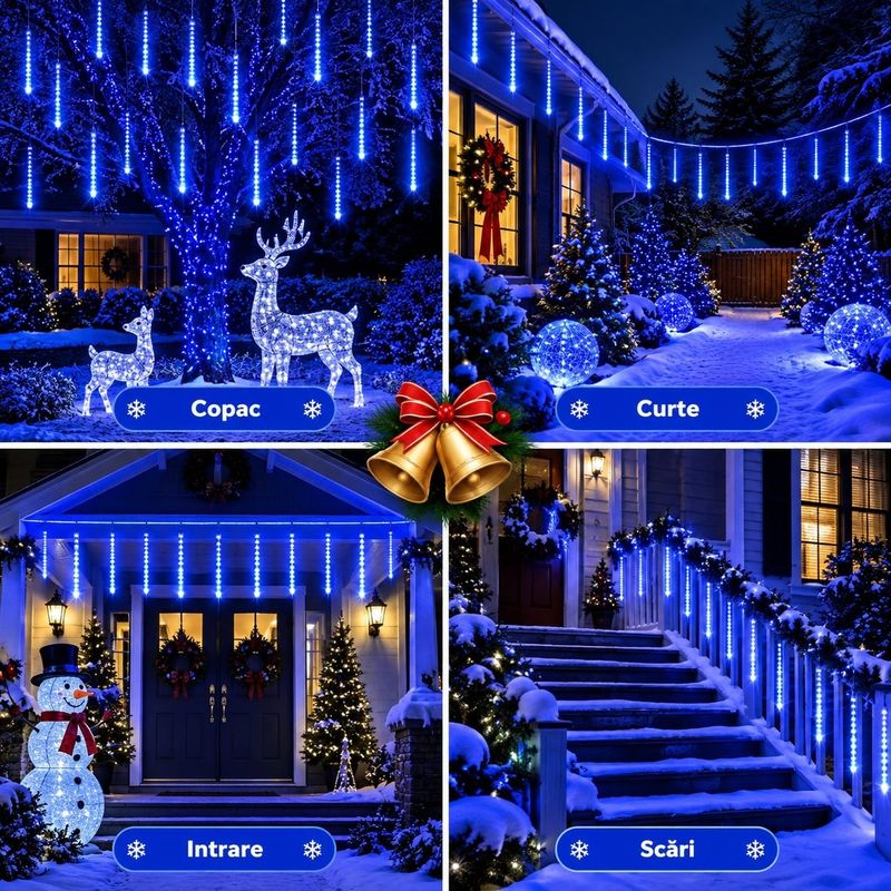 Casa si Gradina - Corpuri si surse de iluminat - Iluminat exterior - Instalatii luminoase exterior - Set 2 Instalatii Luminoase de Craciun, Model Ploaie de Meteori, 16 Turturi LED luminosi, Lungime 50cm, Albastru - Infinity.ro