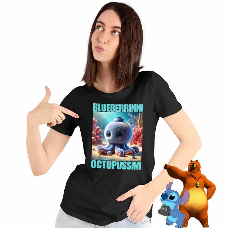 Fashion, accesorii si bijuterii - Femei - Imbracaminte femei - Tricouri si topuri femei - Tricou Femei Blueberrinni Octopussini Italian Meme Brainrot Brain Rot, negru, marime M - Infinity.ro