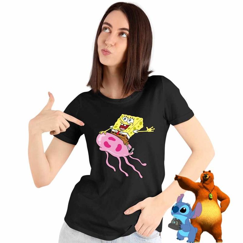 Fashion, accesorii si bijuterii - Femei - Imbracaminte femei - Tricouri si topuri femei - Tricou Femei Spongebob Pantaloni Patrati Calare Meduza, negru, marime 3XL - Infinity.ro
