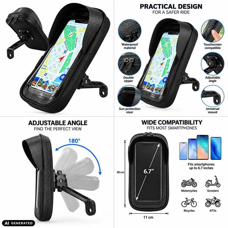 Auto si Moto - Moto - Accesorii moto si consumabile - Suport de telefon, rezistent la apa, pentru Bicicleta/Motocicleta/Scuter/Trotineta, FIXATO, Prindere pe Oglinda, Negru - Infinity.ro