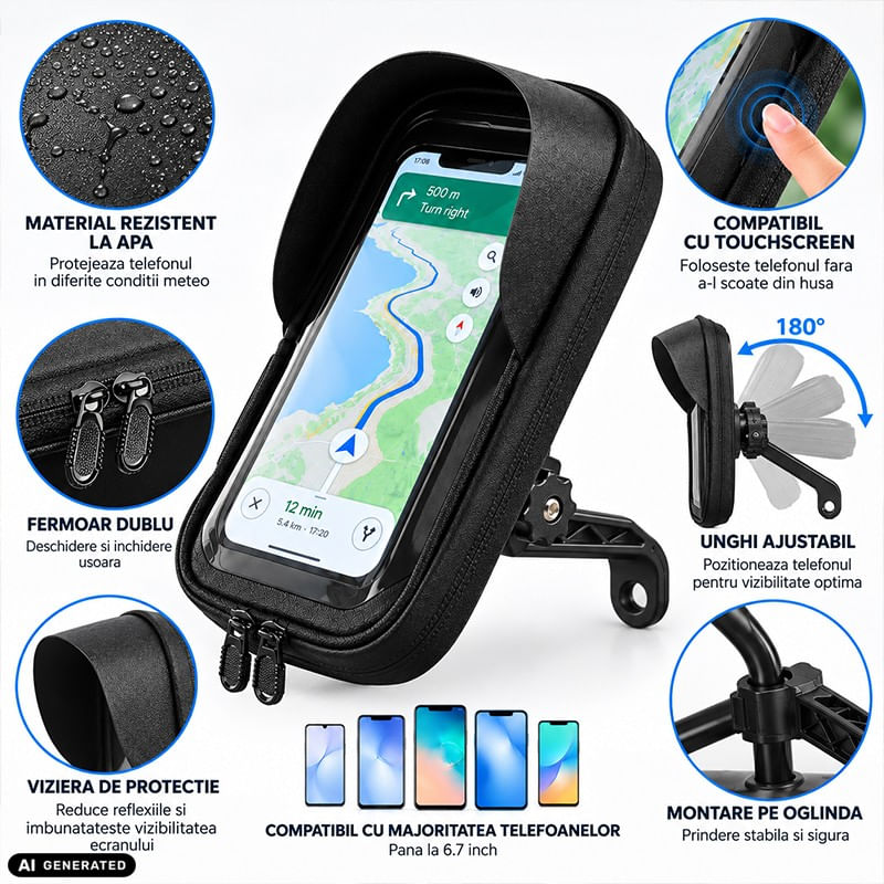 Auto si Moto - Moto - Accesorii moto si consumabile - Suport de telefon, rezistent la apa, pentru Bicicleta/Motocicleta/Scuter/Trotineta, FIXATO, Prindere pe Oglinda, Negru - Infinity.ro