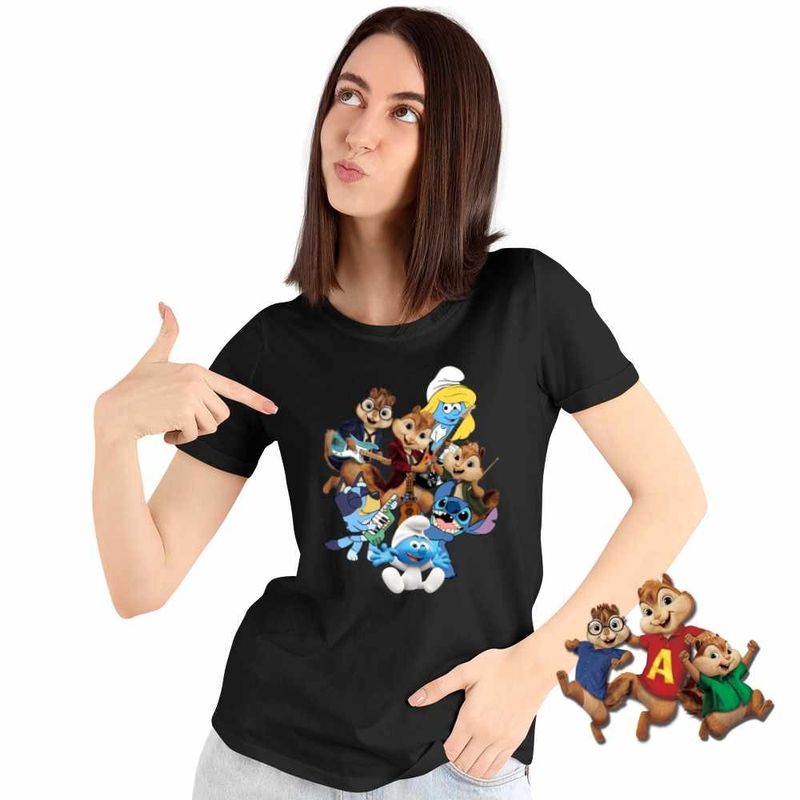 Fashion, accesorii si bijuterii - Femei - Imbracaminte femei - Tricouri si topuri femei - Tricou Femei Alvin Bluey Stich Strumfii Strumfita Trupa Muzicala Chitara, negru, marime 3XL - Infinity.ro