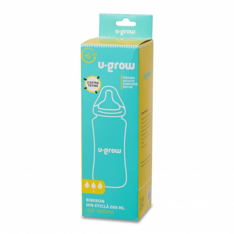 Jucarii, Copii si Bebe - Hrana si alaptare - Biberoane, suzete si accesorii hranire - Biberoane, tetine si accesorii - Biberon de sticla 260 ml+2 tetine extra, U-Grow - Infinity.ro