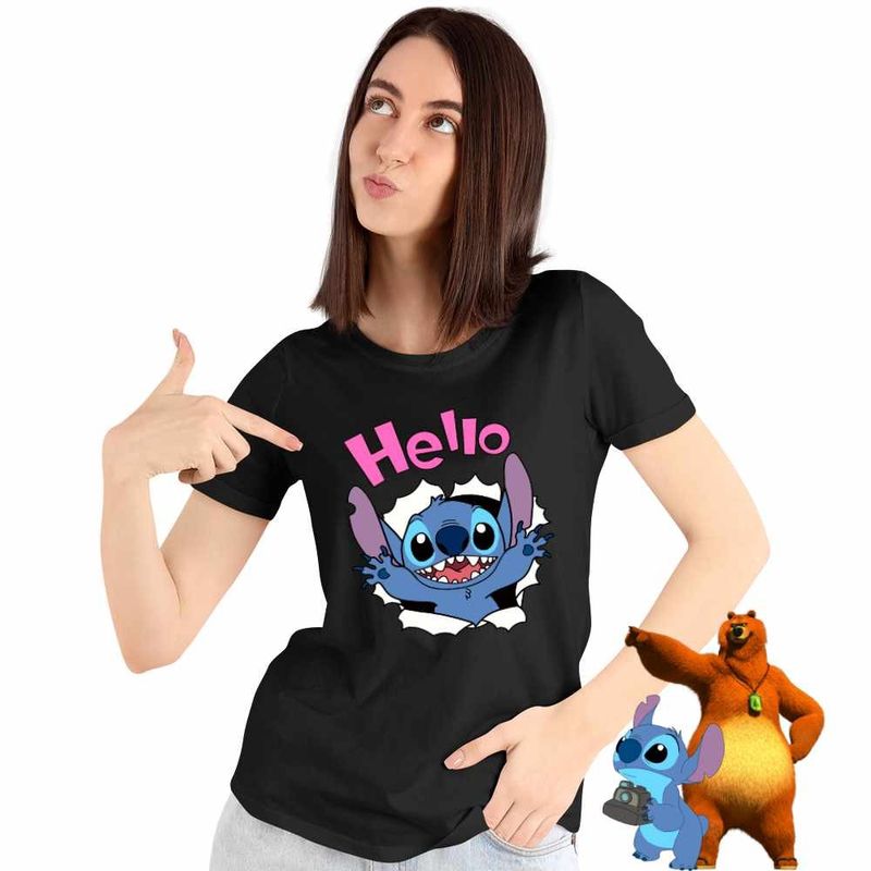 Fashion, accesorii si bijuterii - Femei - Imbracaminte femei - Tricouri si topuri femei - Tricou Femei Stitch Hello, negru, marime L - Infinity.ro