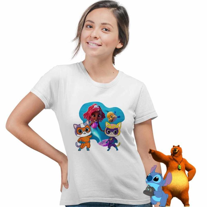 Fashion, accesorii si bijuterii - Femei - Imbracaminte femei - Tricouri si topuri femei - Tricou Femei Super Pisicute Ghem Sclipi Ariel Mica Sirena, alb, marime S - Infinity.ro