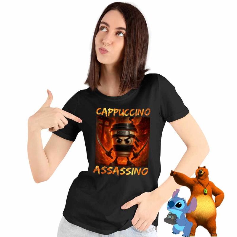 Fashion, accesorii si bijuterii - Femei - Imbracaminte femei - Tricouri si topuri femei - Tricou Femei Italia Cappuccino Assassino Brainrot, negru, marime 3XL - Infinity.ro