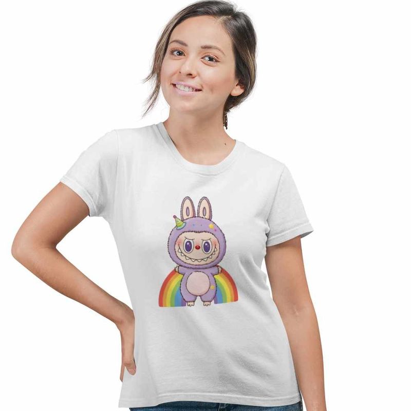 Fashion, accesorii si bijuterii - Femei - Imbracaminte femei - Tricouri si topuri femei - Tricou Femei Labubu Rainbow Mood, alb, marime XL - Infinity.ro