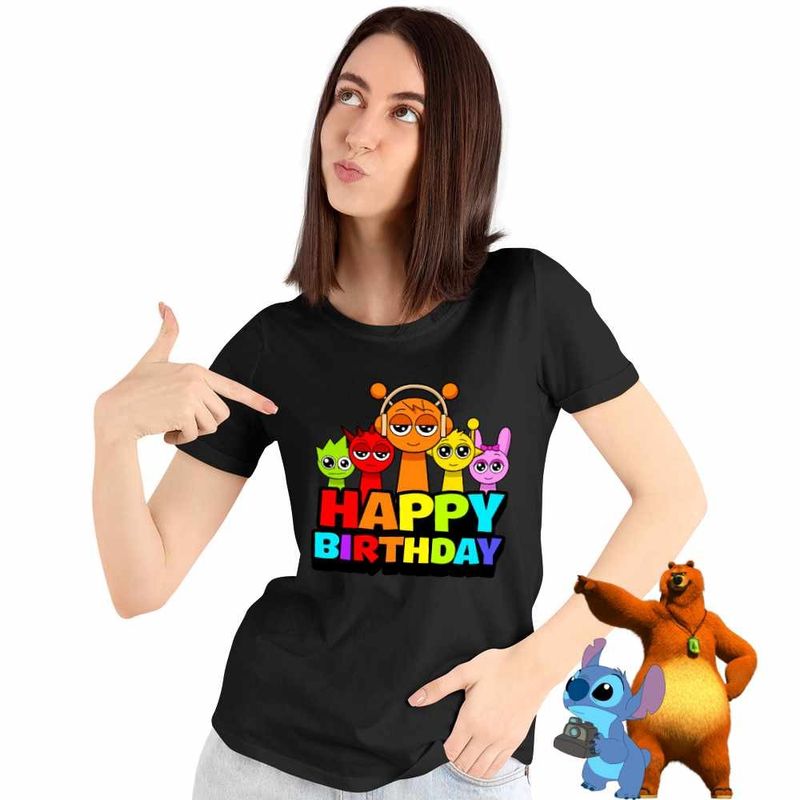 Fashion, accesorii si bijuterii - Femei - Imbracaminte femei - Tricouri si topuri femei - Tricou Femei Sprunki Happy Birthday Gamer, negru, marime L - Infinity.ro