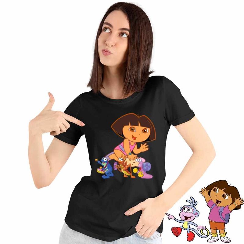 Fashion, accesorii si bijuterii - Femei - Imbracaminte femei - Tricouri si topuri femei - Tricou Femei Dora Explorer Broscuta Greier Melc Nisip, negru, marime S - Infinity.ro