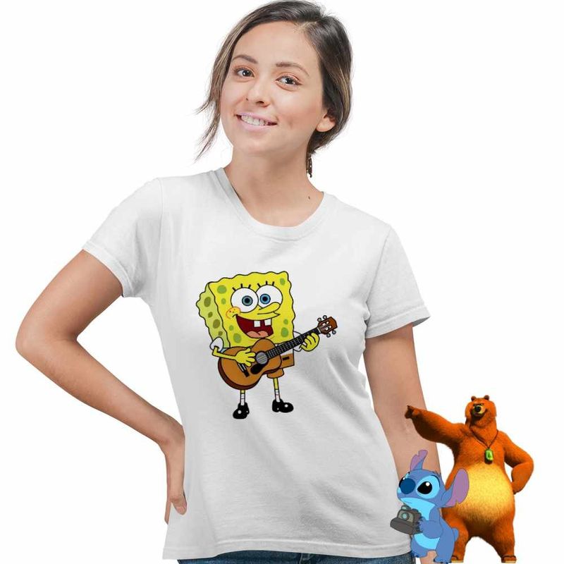 Fashion, accesorii si bijuterii - Femei - Imbracaminte femei - Tricouri si topuri femei - Tricou Femei SpongeBob Desene Animate Chitara, alb, marime XL - Infinity.ro