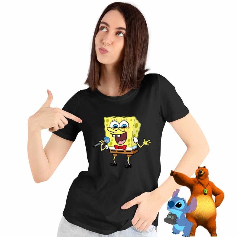 Fashion, accesorii si bijuterii - Femei - Imbracaminte femei - Tricouri si topuri femei - Tricou Femei Sponge Bob Canta Microfon Desen Animat SpongeBob, negru, marime S - Infinity.ro
