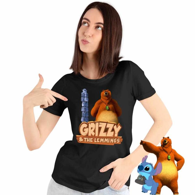 Fashion, accesorii si bijuterii - Femei - Imbracaminte femei - Tricouri si topuri femei - Tricou Femei Ursu Grizzy si lemingii, negru, marime 2XL - Infinity.ro