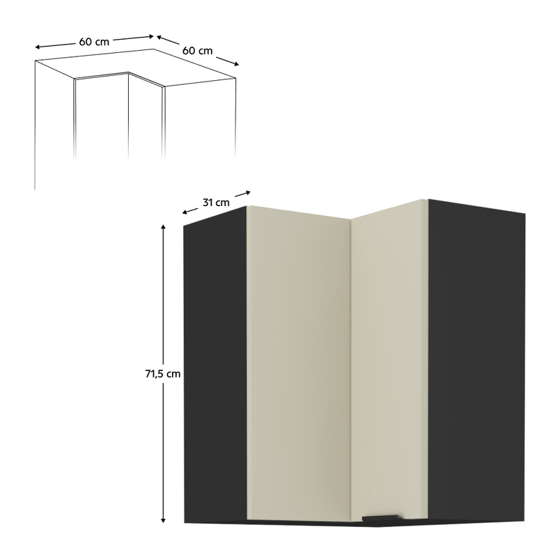 Casa si Gradina - Mobilier - Comode si corpuri - Corpuri bucatarie - Dulap de colt superior, casmir/negru, ARAKA 60x60 GN-72 2F - Infinity.ro