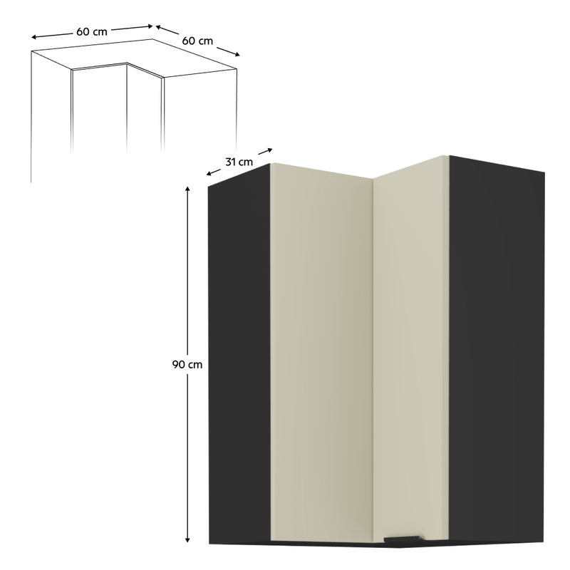 Casa si Gradina - Mobilier - Comode si corpuri - Corpuri bucatarie - Dulap de colt superior, casmir/negru, ARAKA 60x60 GN-90 2F - Infinity.ro