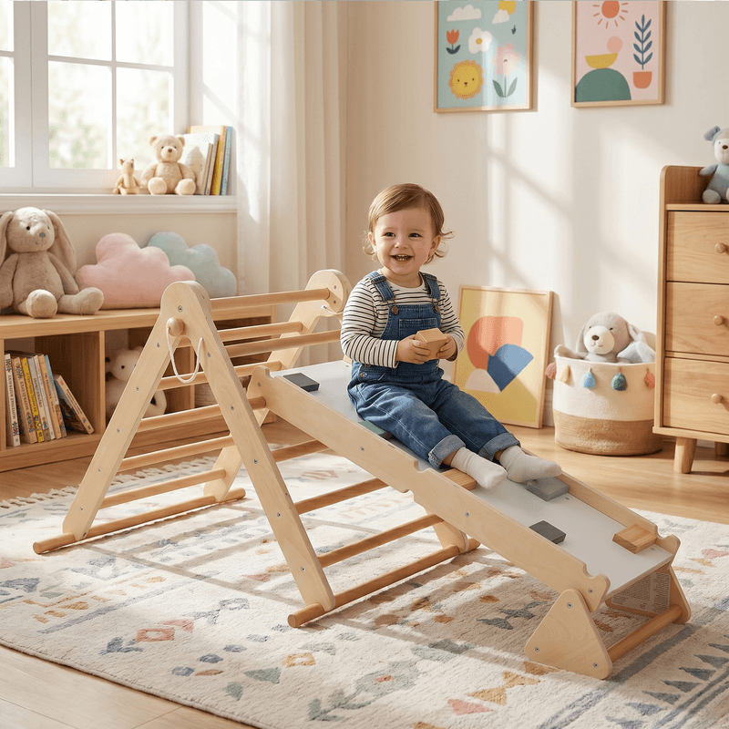 Jucarii, Copii si Bebe - Jucarii si jocuri - Jucarii de exterior - Spatii de joaca si accesorii - Montessori Triunghiul Pikler 3in1, natural/mix de culori, OPRIN - Infinity.ro