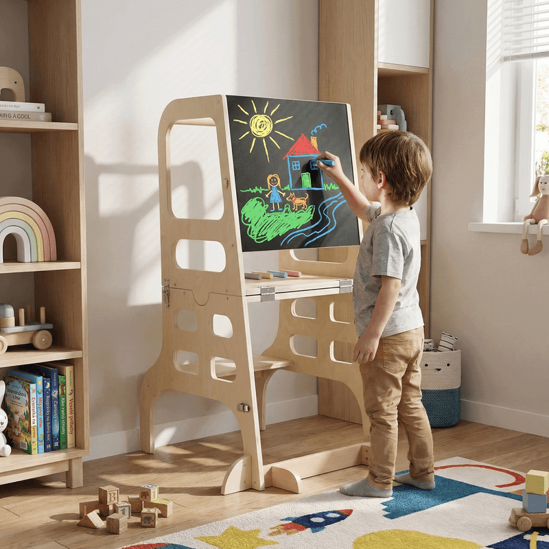 Casa si Gradina - Mobilier - Mobilier copii - Mobilier camera copiilor - Turnul de invatare Montessori 3in1 cu tabla, natural, MAGAN - Infinity.ro