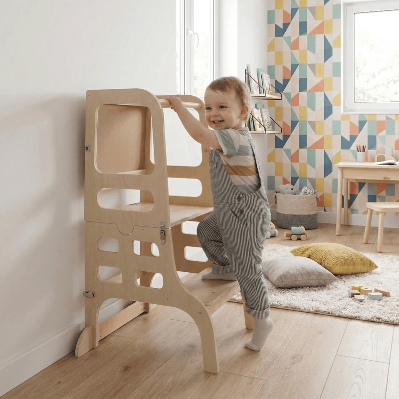 Casa si Gradina - Mobilier - Mobilier copii - Mobilier camera copiilor - Turnul de invatare Montessori 3in1 cu tabla, natural, MAGAN - Infinity.ro