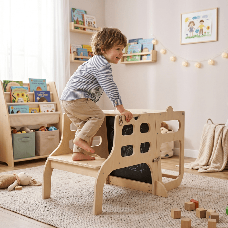 Casa si Gradina - Mobilier - Mobilier copii - Mobilier camera copiilor - Turnul de invatare Montessori 3in1 cu tabla, natural, MAGAN - Infinity.ro