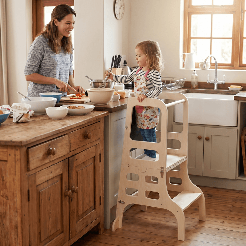 Casa si Gradina - Mobilier - Mobilier copii - Mobilier camera copiilor - Turnul de invatare Montessori 3in1 cu tabla, natural, MAGAN - Infinity.ro
