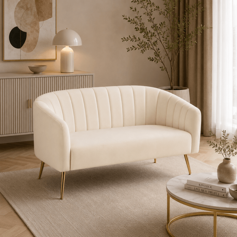 Casa si Gradina - Mobilier - Canapele si coltare - Canapele - Canapea de design cu 2 locuri, tesatura Velvet bej/gold crom-auriu, BAGY - Infinity.ro