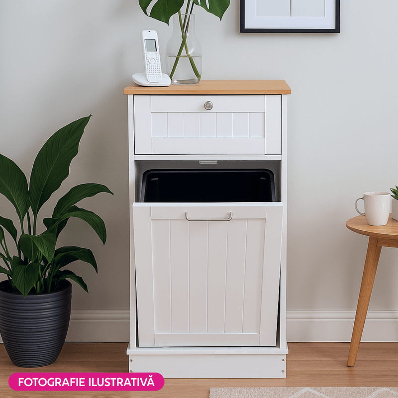 Casa si Gradina - Mobilier - Comode si corpuri - Corpuri bucatarie - Dulap cu deschidere basculanta cu cos de gunoi, alb/bambus, DELINS TYP 1 - Infinity.ro