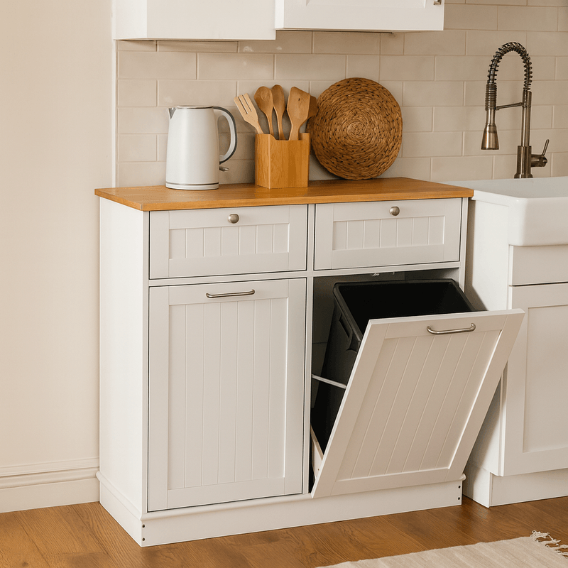 Casa si Gradina - Mobilier - Comode si corpuri - Corpuri bucatarie - Dulap basculant cu cos de gunoi, alb/bambus, DELINS TYP 2 - Infinity.ro