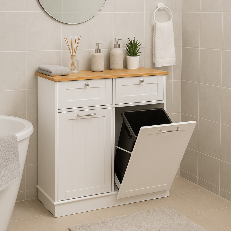 Casa si Gradina - Mobilier - Comode si corpuri - Corpuri bucatarie - Dulap basculant cu cos de gunoi, alb/bambus, DELINS TYP 2 - Infinity.ro
