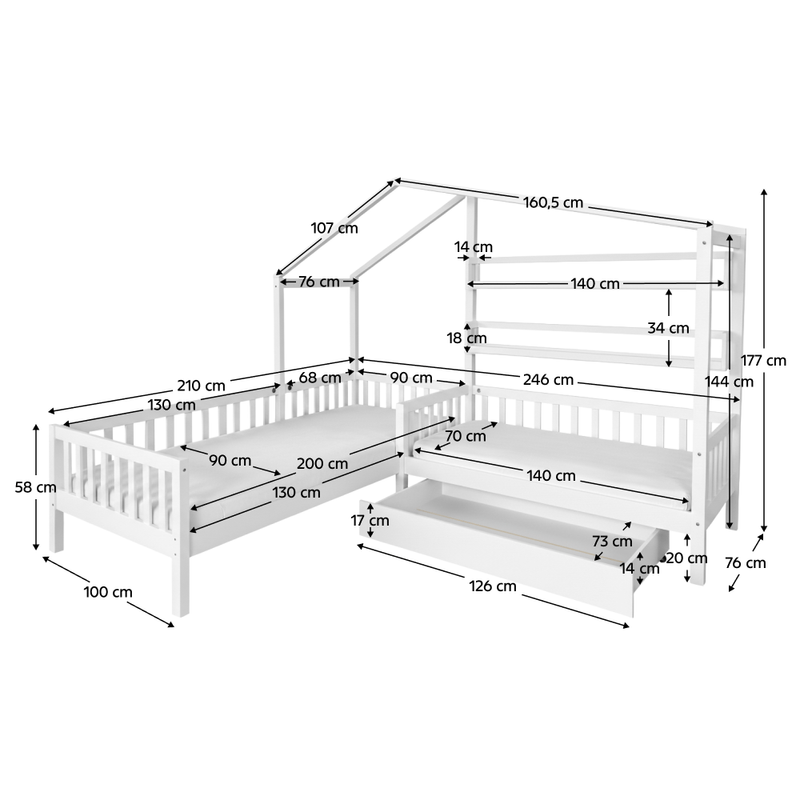 Casa si Gradina - Mobilier - Paturi si accesorii - Paturi - Pat cu somiera pentru 2 copii, 90x200+70x140 cm, alb, ENOLA - Infinity.ro