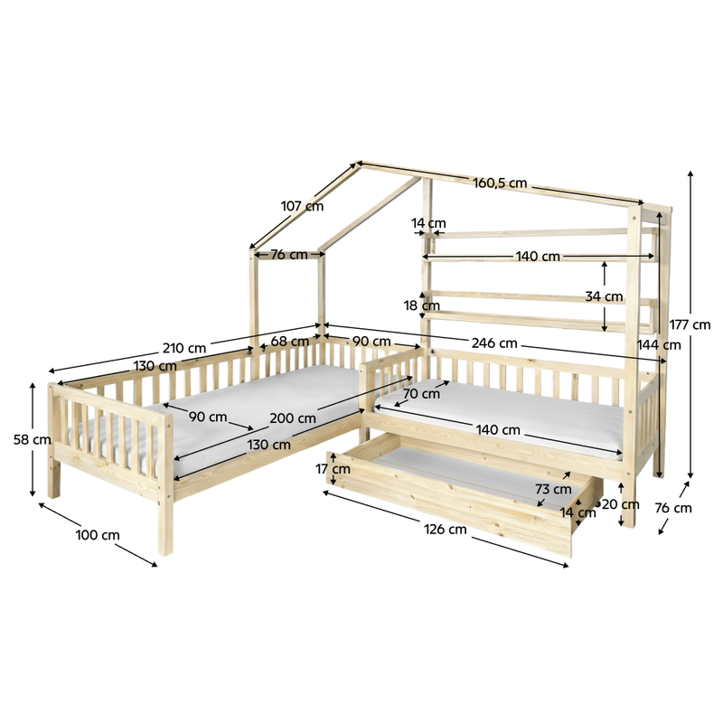 Casa si Gradina - Mobilier - Paturi si accesorii - Paturi - Pat cu somiera pentru 2 copii, 90x200+70x140 cm, natural, ENOLA - Infinity.ro