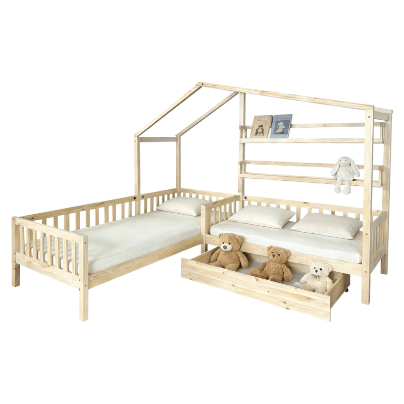 Casa si Gradina - Mobilier - Paturi si accesorii - Paturi - Pat cu somiera pentru 2 copii, 90x200+70x140 cm, natural, ENOLA - Infinity.ro