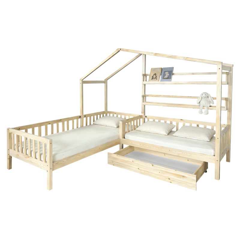 Casa si Gradina - Mobilier - Paturi si accesorii - Paturi - Pat cu somiera pentru 2 copii, 90x200+70x140 cm, natural, ENOLA - Infinity.ro